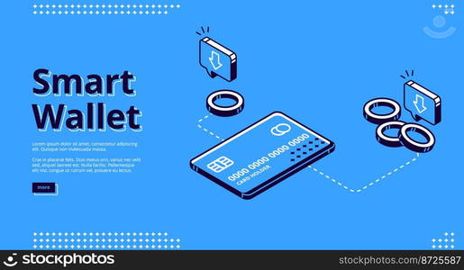 Smart wallet banner. Mobile payment concept. Vector landing page of electronic finance with isometric icon of virtual banking card on smartphone screen. Shopping, transfer money concept. Landing page of smart wallet, electronic finance