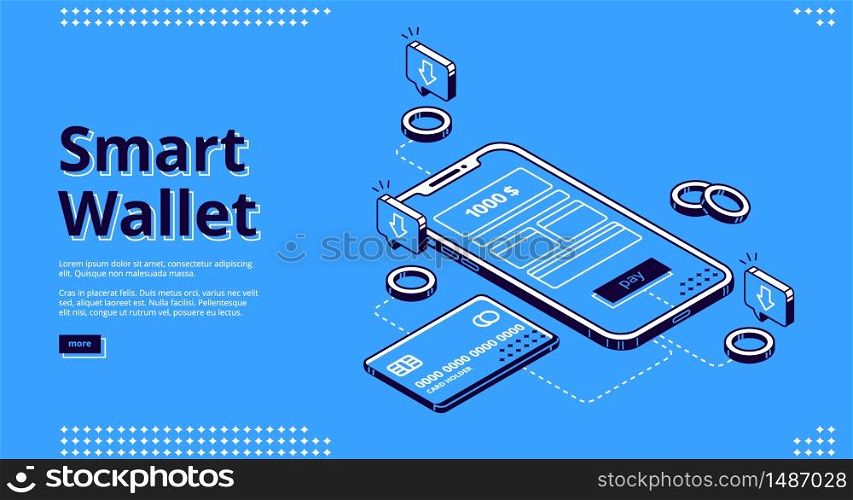 Smart wallet isometric landing page. Credit card connected to smartphone with payment app on screen, secure money online transaction, nfc technology 3d vector illustration, line art web banner. Smart wallet isometric landing page web banner