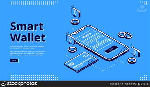 Smart wallet isometric landing page. Credit card connected to smartphone with payment app on screen, secure money online transaction, nfc technology 3d vector illustration, line art web banner. Smart wallet isometric landing page web banner