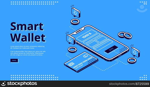 Smart wallet isometric landing page. Credit card connected to smartphone with payment app on screen, secure money online transaction, nfc technology 3d vector illustration, line art web banner. Smart wallet isometric landing page web banner