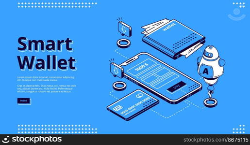 Smart wallet isometric landing page. Purse, credit card connected to smartphone with payment app on screen, secure money online transaction, nfc technology 3d vector illustration, line art web banner. Smart wallet isometric landing page web banner