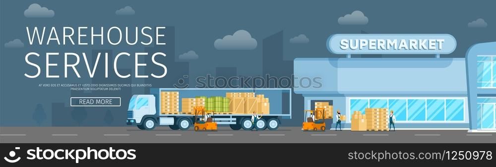 Smart Warehouse Freight Delivery to Supermarket. Fast Shipping Storage Service. Cargo Truck Delivering Package and Goods from Storehouse to City Mall. Flat Cartoon Vector Illustration. Smart Warehouse Freight Delivery to Supermarket