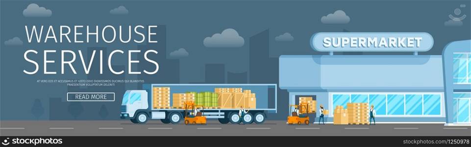 Smart Warehouse Freight Delivery to Supermarket. Fast Shipping Storage Service. Cargo Truck Delivering Package and Goods from Storehouse to City Mall. Flat Cartoon Vector Illustration. Smart Warehouse Freight Delivery to Supermarket