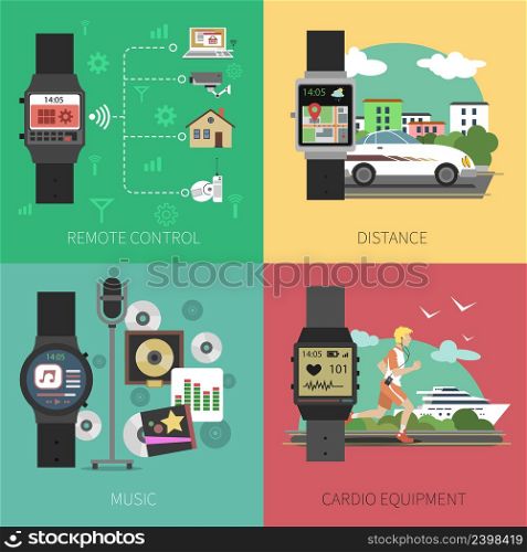 Smart watch design concept set with remote control and sport equipment flat icons isolated vector illustration. Smart Watch Set