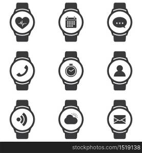 smart watch icons set with fitness tracker and apps for synchronization with smartphone.