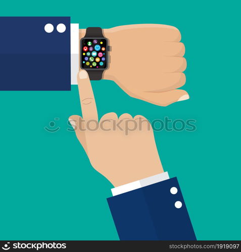 Smart watch on hand. Modern hand electronic watches. Touch screen and plastic sport band. Fitness clock. Vector illustration in flat style. Smart watch on hand.