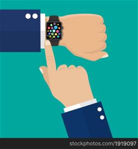Smart watch on hand. Modern hand electronic watches. Touch screen and plastic sport band. Fitness clock. Vector illustration in flat style. Smart watch on hand.