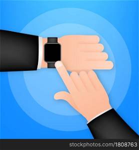 Smart watch on the hand. Concept wearable technology. Time management. Vector stock illustration. Smart watch on the hand. Concept wearable technology. Time management. Vector stock illustration.