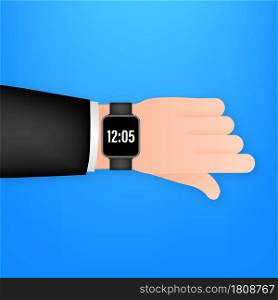 Smart watch on the hand. Concept wearable technology. Time management. Vector stock illustration. Smart watch on the hand. Concept wearable technology. Time management. Vector stock illustration.