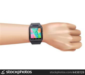 Smart Watch Realistic On Hand. Smart watch gadget with colorful digital display face on left hand wrist realistic image vector illustration