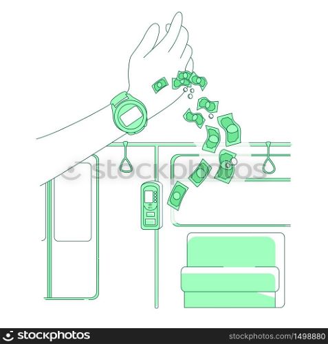 Smart watch thin line concept vector illustration. Electronic payment, person buying e-ticket 2D cartoon character for web design. NFC technology, wearable smart device creative idea