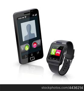 Smart Watch With Phone Realistic Composition . Black smartwatch alerts for compatible smart phone incoming call realistic objects composition with white background vector illustration