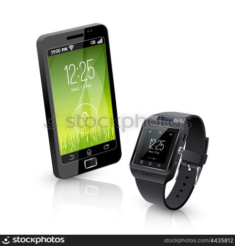 Smart Watch With Phone Realistic Composition . Black smartwatch with smart phone realistic objects composition with white background vector illustration