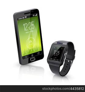 Smart Watch With Phone Realistic Composition . Black smartwatch with smart phone realistic objects composition with white background vector illustration