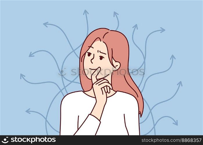 Smart woman touches lips standing near arrows pointing in different directions. Long-haired girl is thinking over ways to achieve goals in personal life or career. Flat vector illustration . Smart woman touches lips standing near arrows pointing in different directions. Vector image