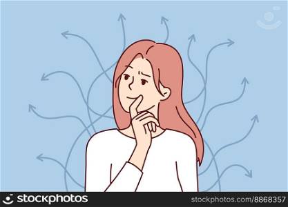 Smart woman touches lips standing near arrows pointing in different directions. Long-haired girl is thinking over ways to achieve goals in personal life or career. Flat vector illustration . Smart woman touches lips standing near arrows pointing in different directions. Vector image