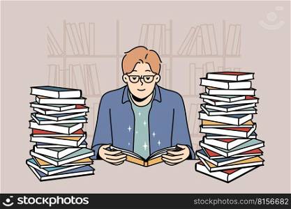 Smart young man in glasses sit in library with pile of books reading. Clever guy enjoy literature studying at desk with textbooks stacks. Vector illustration. . Young man with book pile reading and studying 