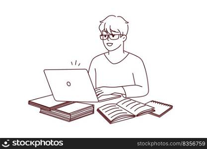 Smart young man sit on table work on laptop with textbooks. Smiling male busy study on computer at home office. Technology and education. Vector illustration.. Smiling man sit at desk work on laptop