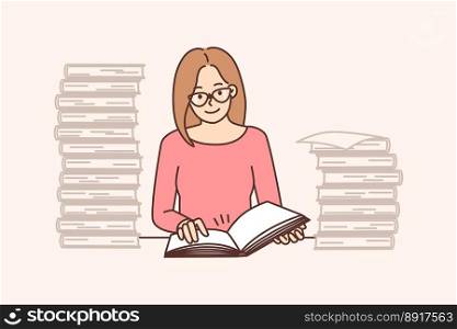 Smart young woman in glasses sit at table reading books. Happy clever female student in library study with pile of textbooks. Education. Vector illustration. . Smart woman read book study in library 