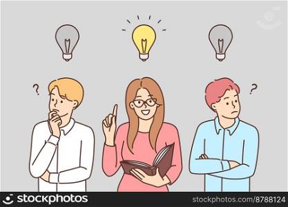 Smart young woman with light bulb above head generate business idea. Clever female employee think brainstorm faster than colleagues. Innovation. Vector illustration. . Smart woman with lightbulb generate business idea 