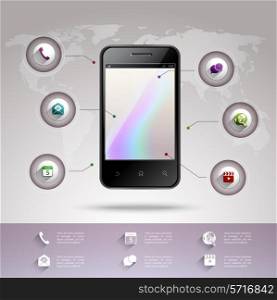 Smartphone 3d infographic template with business buttons and world map on background vector illustration