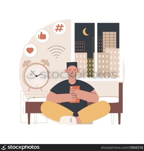 Smartphone addiction abstract concept vector illustration. Digital disorder, mobile device addiction, constant phone checking, sleep disorder, mental health, low self-esteem abstract metaphor.. Smartphone addiction abstract concept vector illustration.
