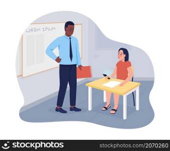 Smartphone addiction among students 2D vector isolated illustration. Strict teacher with distracted female student flat characters on cartoon background. Negative impact on learning colourful scene. Smartphone addiction among students 2D vector isolated illustration