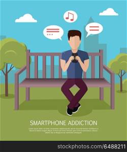 Smartphone Addiction Banner. Smartphone addiction banner. Man whis smartphone sitting on wooden bench in the park. Man with dialog windows. Man using phone. Urban cityscape with man, park, bench, trees, blue sky and clouds.