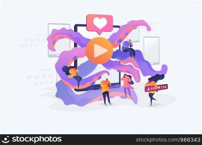 Smartphone addiction, digital disorder, mobile device addiction concept. Vector isolated concept creative illustration.. Smartphone addiction concept vector illustration.