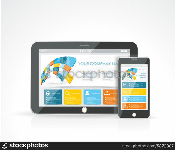 Smartphone and a Tablet PC with a responsive design website, vector illustration.