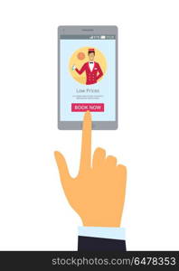 Smartphone and Hand Isolated Illustration. Grey smartphone and right hand with index finger on screen isolated vector illustration. Advertisement of hotel offering low prices