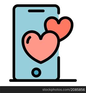 Smartphone and hearts icon. Outline smartphone and hearts vector icon color flat isolated. Smartphone and hearts icon color outline vector