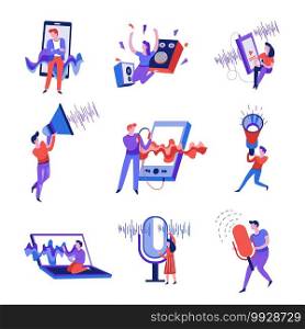 Smartphone and microphone sound wave isolated abstract icons vector volume speaker and megaphone music player and laptop record voice listen to song or melody audio information man and woman. Sound wave isolated abstract icons smartphone and microphone