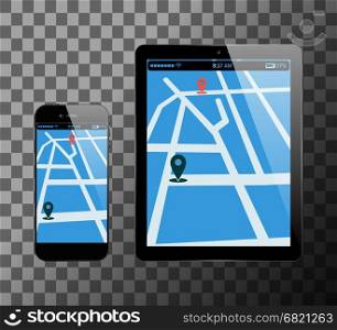 Smartphone and PC tablet. Smartphone and PC tablet with location mark on screen. Mobile phone and computer tablet with GPS navigation app. Vector illustration.