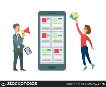 Smartphone and people sending message vector, boss and worker interacting. Mobile phone device, person with letter envelope, boss with megaphone task. Smartphone and People Sending Message, Boss Worker