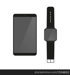 Smartphone and smart watch in black on a transparent background. Vector illustration. EPS 10