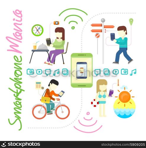 Smartphone and social media mania. Modern situation of technology interaction in everyday lifestyle. Internet connection spots outdoors. Search the road with GPS in smartphone. Smartphone and Social Media Mania