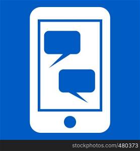 Smartphone and speech bubbles on the screen in simple style isolated on white background vector illustration. Smartphone and speech bubbles icon white