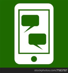 Smartphone and speech bubbles on the screen in simple style isolated on white background vector illustration. Smartphone and speech bubbles icon green