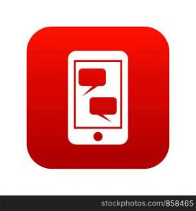 Smartphone and speech bubbles on the screen in simple style isolated on white background vector illustration. Smartphone and speech bubbles icon digital red