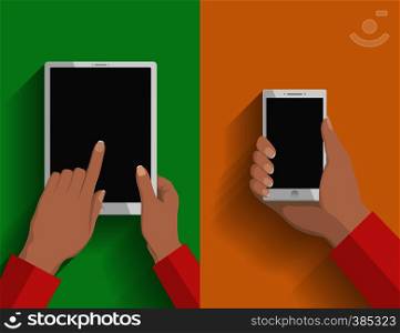 Smartphone and tablet-pc illustration, device in hands on green and yellow background. Smartphone and tablet-pc illustration 2