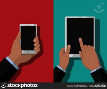Smartphone and tablet-pc illustration, device in hands on red and blue background. Smartphone and tablet-pc illustration 1