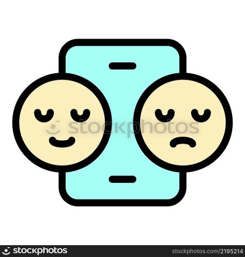 Smartphone and two smiles icon. Outline Smartphone and two smiles vector icon color flat isolated. Smartphone and two smiles icon color outline vector
