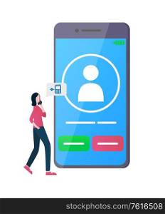 Smartphone and woman talking on phone vector, person using cellular services, lady walking and discussing something on cell, incoming call screen. Big Smartphone with Incoming Call and Woman Beside