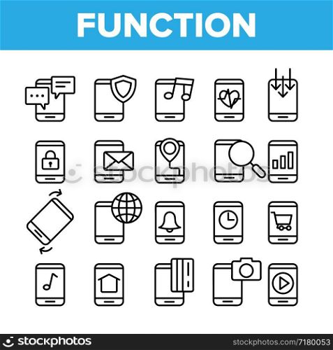 Smartphone App Function Vector Linear Icons Set. Digital Technology, Device Function Outline Cliparts. Mobile Applications Pictograms Collection. Phone Services And Options Thin Line Illustration. Smartphone App Function Vector Linear Icons Set