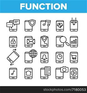 Smartphone App Function Vector Linear Icons Set. Digital Technology, Device Function Outline Cliparts. Mobile Applications Pictograms Collection. Phone Services And Options Thin Line Illustration. Smartphone App Function Vector Linear Icons Set