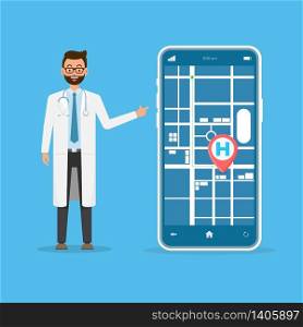 Smartphone app. Map navigation online application. Introduce map pointer hospital with doctor.