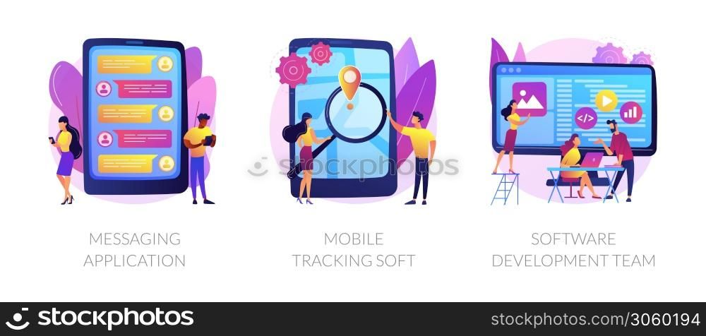 Smartphone application abstract concept vector illustration set. Messaging application, mobile tracking soft, software development team, chat app, gps tracking, outsource company abstract metaphor.. Smartphone application abstract concept vector illustrations.