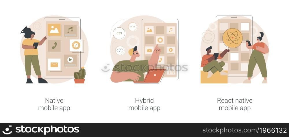 Smartphone application abstract concept vector illustration set. Native, hybrid and react-native mobile app, programming language, operating system, online store, marketplace abstract metaphor.. Smartphone application abstract concept vector illustrations.