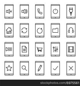 Smartphone apps linear icons set. Home page, playlist, listen to music, new document, folder, shopping, search, rate, mute on and off buttons. Thin line contour symbols. Isolated vector illustrations. Smartphone linear icons set